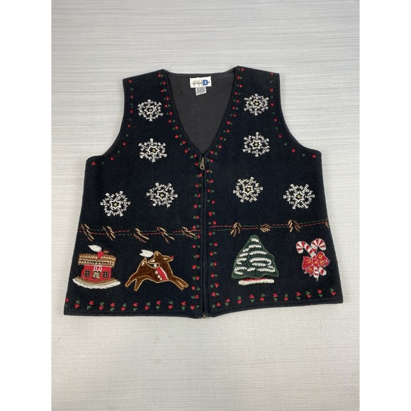 Vintage Paul Harris Design Christmas Vest Women M Black Wool Blend Holiday - Picture 1 of 9